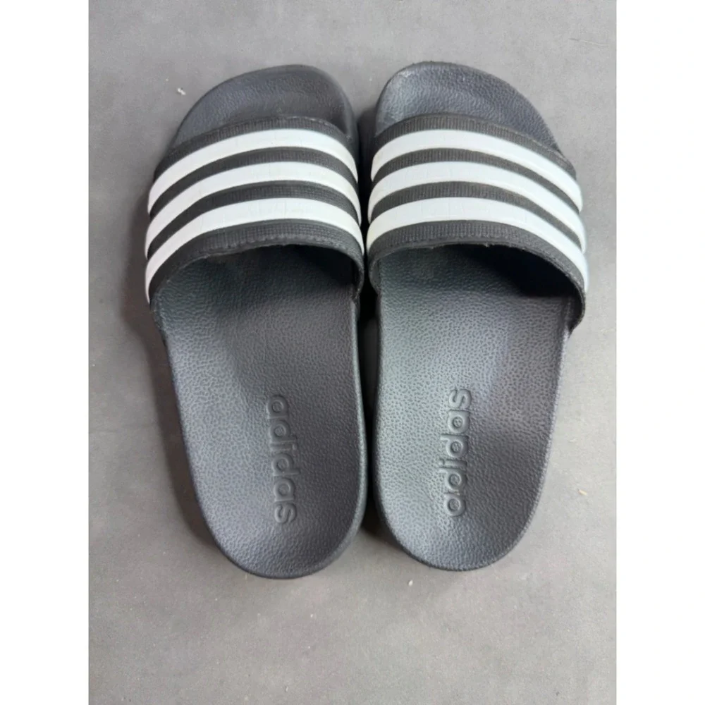 Adidas Adilette Kids Slides Black White 3 Stripe Athletic Sandals Size 12
